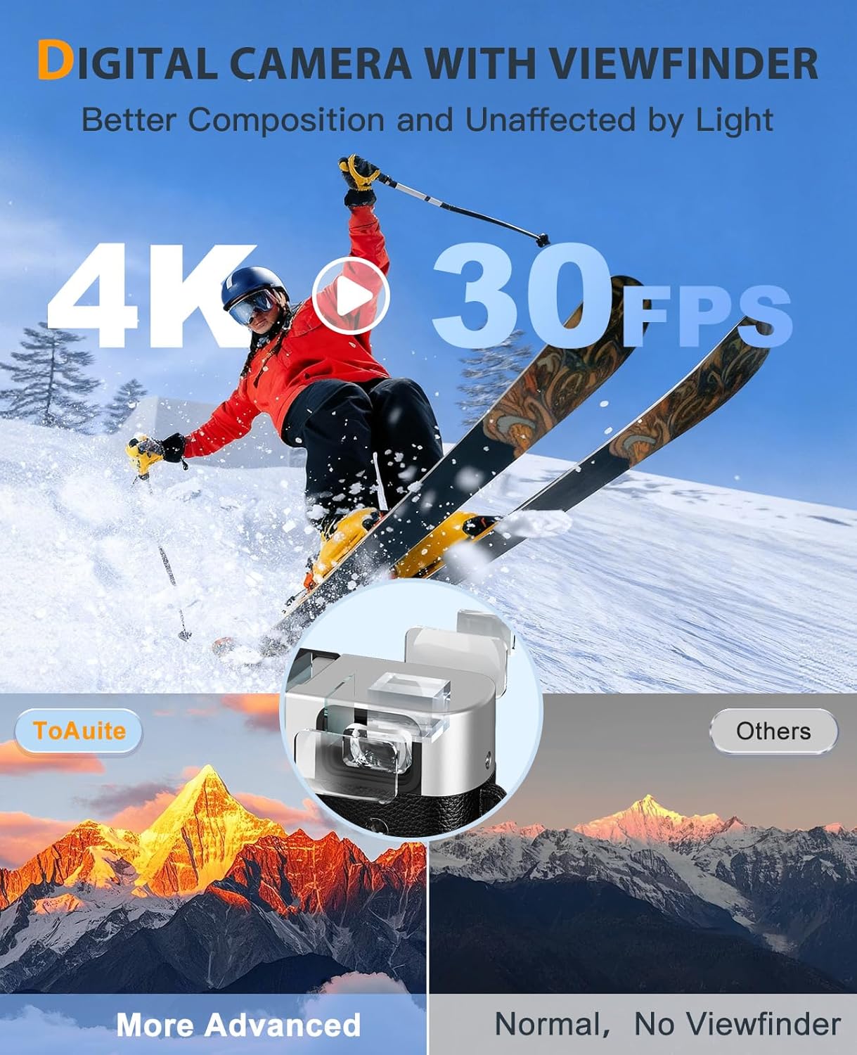 4K Digital Camera with Viewfinder, 48MP Autofocus Vlogging Camera for Photography and Video, Anti-Shake 16X Zoom Travel Portable Camera with Flash 32GB Card, Selfie YouTube...