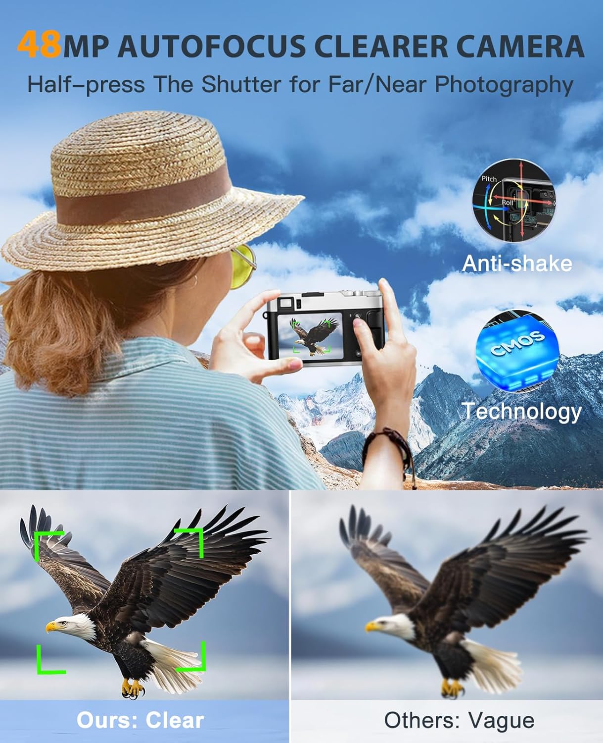 4K Digital Camera with Viewfinder, 48MP Autofocus Vlogging Camera for Photography and Video, Anti-Shake 16X Zoom Travel Portable Camera with Flash 32GB Card, Selfie YouTube...
