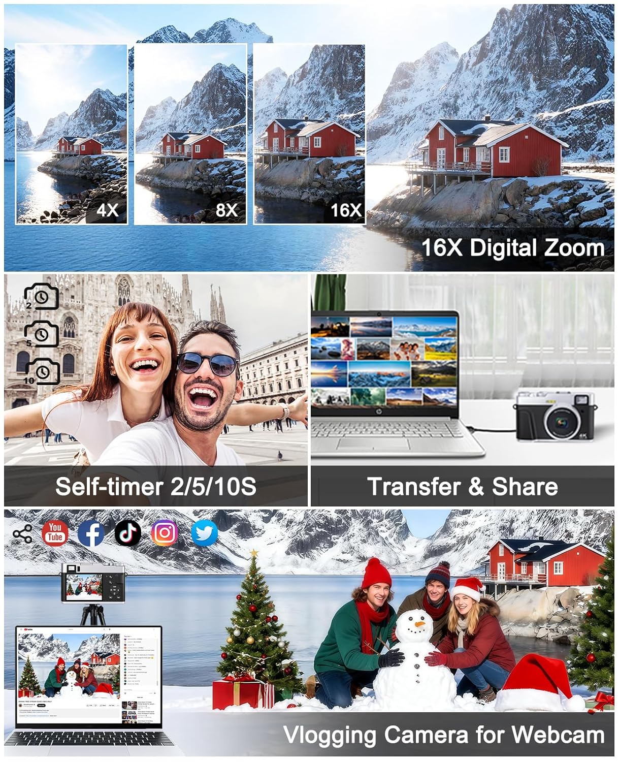 4K Digital Camera with Viewfinder, 48MP Autofocus Vlogging Camera for Photography and Video, Anti-Shake 16X Zoom Travel Portable Camera with Flash 32GB Card, Selfie YouTube...