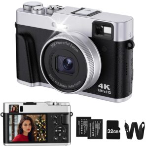 4K Digital Camera with Viewfinder, 48MP Autofocus Vlogging Camera for Photography and Video, Anti-Shake 16X Zoom Travel Portable Camera with Flash 32GB Card, Selfie YouTube...