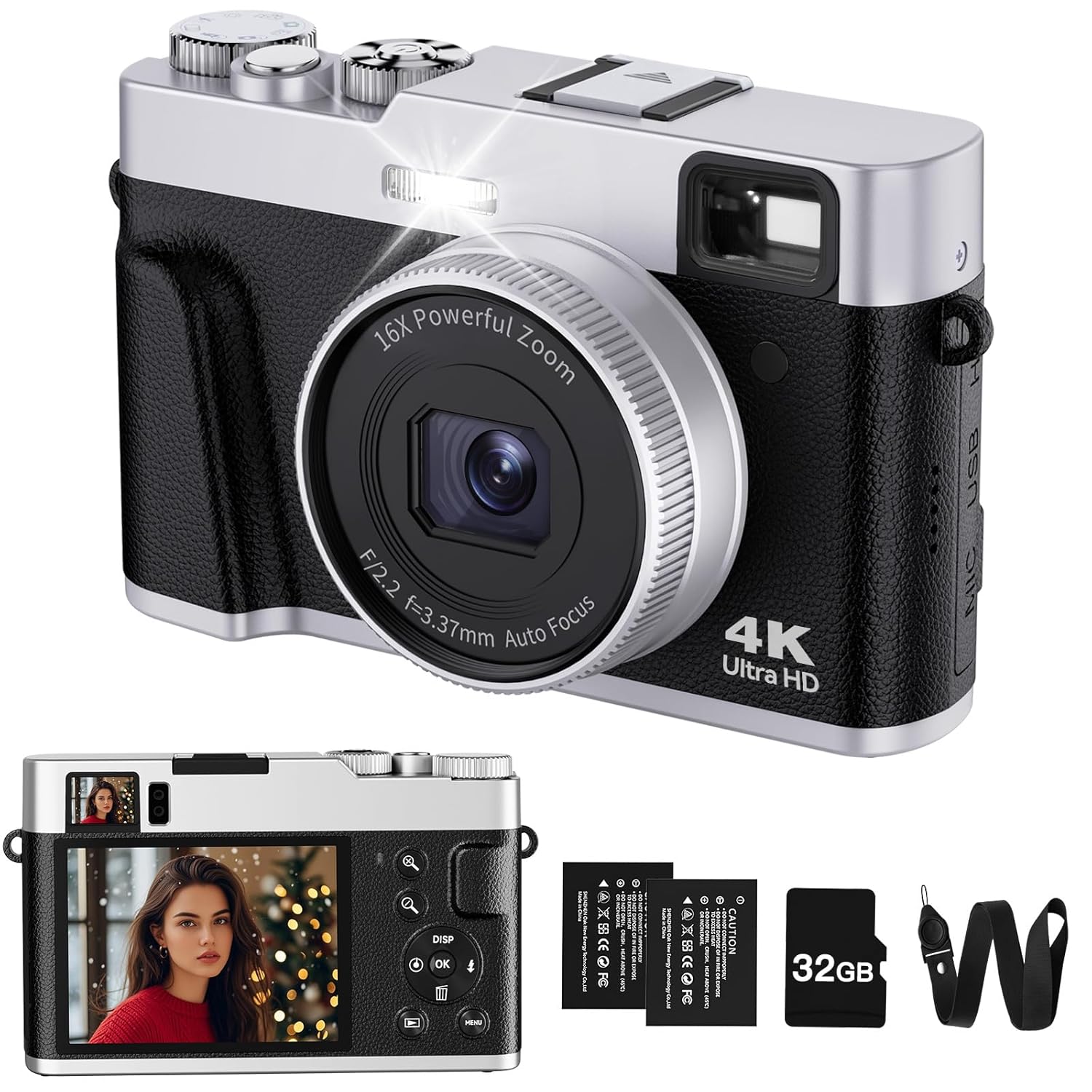 4K Digital Camera with Viewfinder, 48MP Autofocus Vlogging Camera for Photography and Video, Anti-Shake 16X Zoom Travel Portable Camera with Flash 32GB Card, Selfie YouTube...