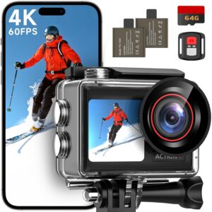 Action Camera 4K 60FPS with Dual Screens Design, Underwater Camera 64GB Memory Card Included, 132FT Waterproof Camera, 30MP Photo, EIS, 5X Zoom, Sports Camera with Accessories...