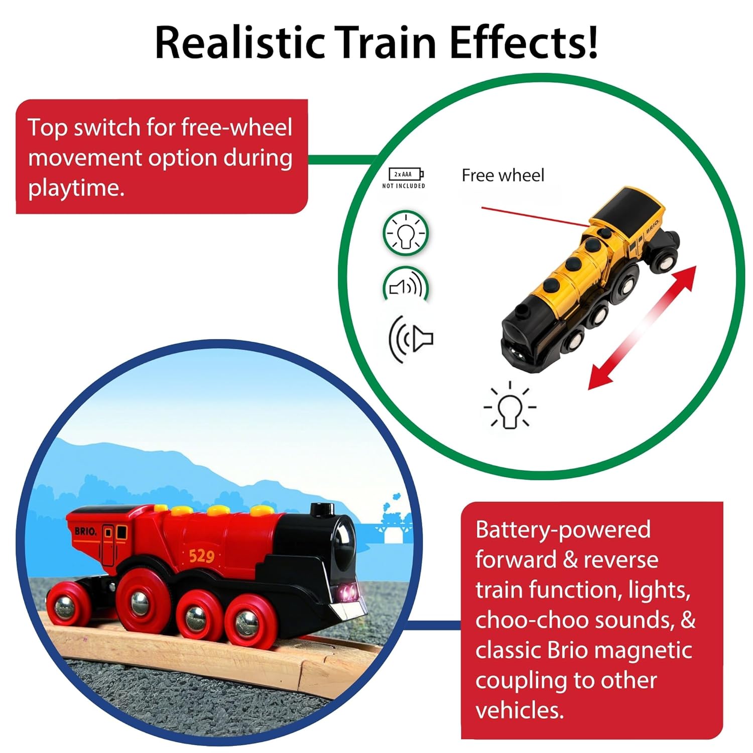 BRIO World 33630 Mighty Golden Action Locomotive | Battery Operated Toy Train with Light and Sound Effects for Kids Age 3 and Up, Gold