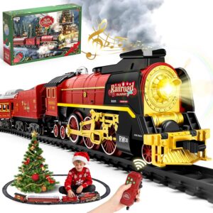 Christmas Train Set around under The Tree, Electric Christmas Train for Kids, Xmas Toy Train with Remote Sound Smoke Light, Steam Locomotive Christmas Toy Gift for Boy Girl,...