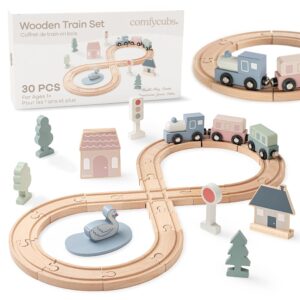 Comfy Cubs 30-Piece Wooden Train Set for Toddlers Ages 1+, Fun & Eco Friendly Toddler Train Set with Complete Toy Town - Creative Wooden Toys Promoting Imaginative Play with...