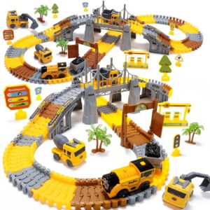 Construction Toys Race Track Set 178 PCS for Kids, Flexible Train Tracks with 1 Electric Train, Excavator,Cement Truck,Loading Truck Engineering Vehicle Playset,Gifts for 3 4 5...
