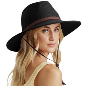 DRESHOW Women Straw Panama Hat Travel Fedora Beach Sun Hat Summer Wide Brim Straw Roll up Hat UPF 50+