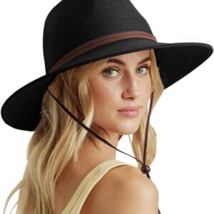 DRESHOW Women Straw Panama Hat Travel Fedora Beach Sun Hat Summer Wide Brim Straw Roll up Hat UPF 50+