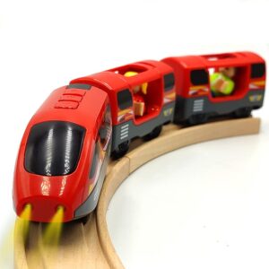 DSHMIXIA Battery Operated Trains for Wooden Train Track Set Locomotive with Light for Toddlers 3 4 5 Year Old Boys Red High Speed Magnetic Couplings with Passengers(Without...