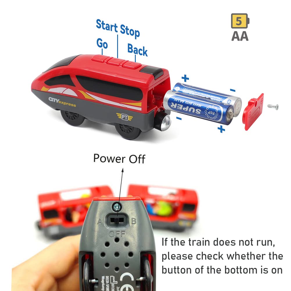 DSHMIXIA Battery Operated Trains for Wooden Train Track Set Locomotive with Light for Toddlers 3 4 5 Year Old Boys Red High Speed Magnetic Couplings with Passengers(Without...