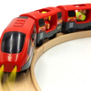 DSHMIXIA Battery Operated Trains for Wooden Train Track Set Locomotive with Light for Toddlers 3 4 5 Year Old Boys Red High Speed Magnetic Couplings with Passengers(Without...