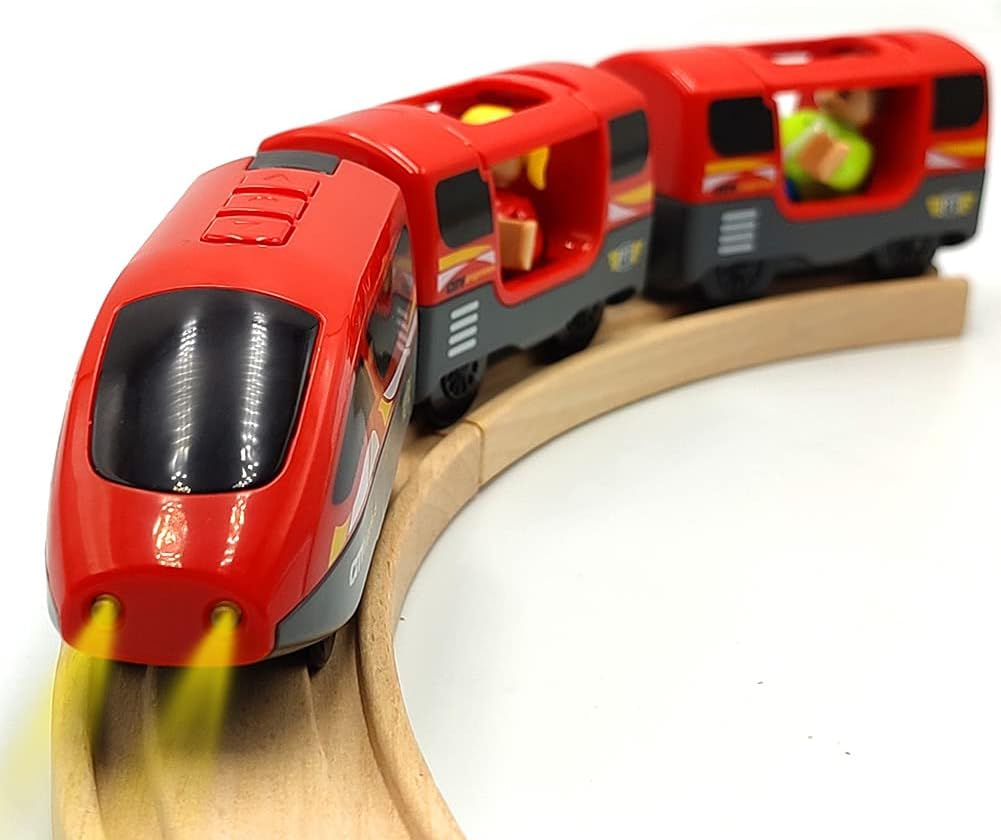 DSHMIXIA Battery Operated Trains for Wooden Train Track Set Locomotive with Light for Toddlers 3 4 5 Year Old Boys Red High Speed Magnetic Couplings with Passengers(Without...