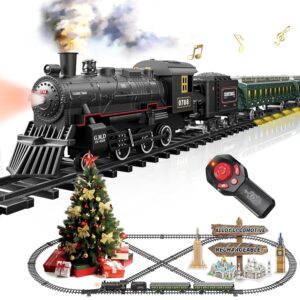 Electric Train Sets Remote Control for Kids Metal Alloy Christmas Train Toys Steam Locomotive, Glowing Passenger Carriages, Luxury Tracks, Light & Sounds Rechargeable Birthday...