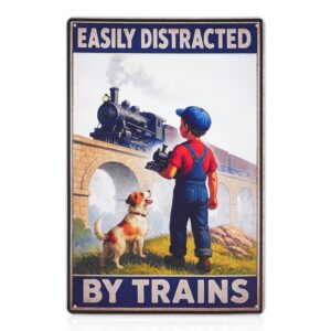 FDKYOEK Easily Distracted by Trains Tin Signs Vintage Metal Signs, 8x12 Inches Retro Train Poster Wall Decor for Boys Room, Man Cave, Garage, Bedroom or Home Bar, Gifts for...