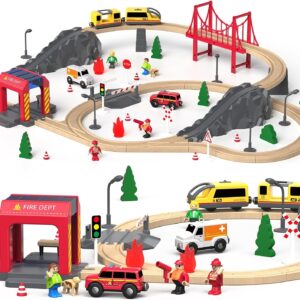Gaint Bean 72Pcs Fire Station Wooden Train Set, Gift Packed Toy Railway Kits for Kids Toddler Boys & Girls 3,4,5 and Up– Premium Wood Construction Track