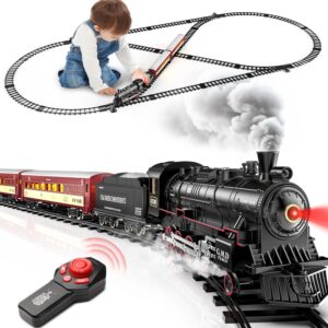 Hot Bee Train Set for Boys, Alloy Remote Control Train Sets with Steam Locomotive, Light Up Cars and Tracks, Electric Trains Set Toys for Toddler Kids, Christmas Toys Gifts for...