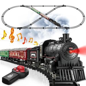 Hot Bee Train Set, Remote Control Train Toys w/Luxury Track & Glowing Passenger Carriages, Metal Electric Trains w/Smoke, Light & Sound, Toy Train Set for 3 4 5 6 7+ Years Old...