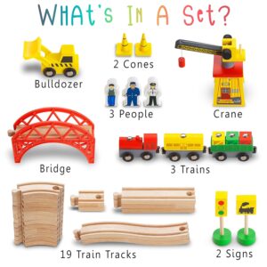 KipiPol Wooden Train Sets for Boys 3-4-7 â€“ 38 Pcs Wood Train Set for Toddlers w/Crane, Bridge & Wooden Train Tracks â€“ Train Toys for 3 Year Old Boys & Girls â€“ Fits Thomas...