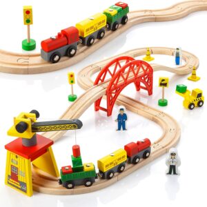 KipiPol Wooden Train Sets for Boys 3-4-7 â€“ 38 Pcs Wood Train Set for Toddlers w/Crane, Bridge & Wooden Train Tracks â€“ Train Toys for 3 Year Old Boys & Girls â€“ Fits Thomas...