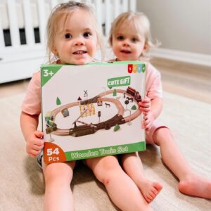 NOKA Wooden Train & Track Set - 54-Piece Farm Wood Railway Kits with Traffic Signs, Battery Operated Electric Train with Double-Side Changeable Tracks, Farm Toys Birthday Gifts...