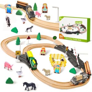 NOKA Wooden Train & Track Set - 54-Piece Farm Wood Railway Kits with Traffic Signs, Battery Operated Electric Train with Double-Side Changeable Tracks, Farm Toys Birthday Gifts...