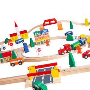 ORBRIUM Wooden Train Set 100 pcs Triple Loop Magnetic Trains with Wooden Tracks Compatible with Thomas The Tank Engine Brio Melissa for Toddler Kids Boys Girls Age 3+ STEM...