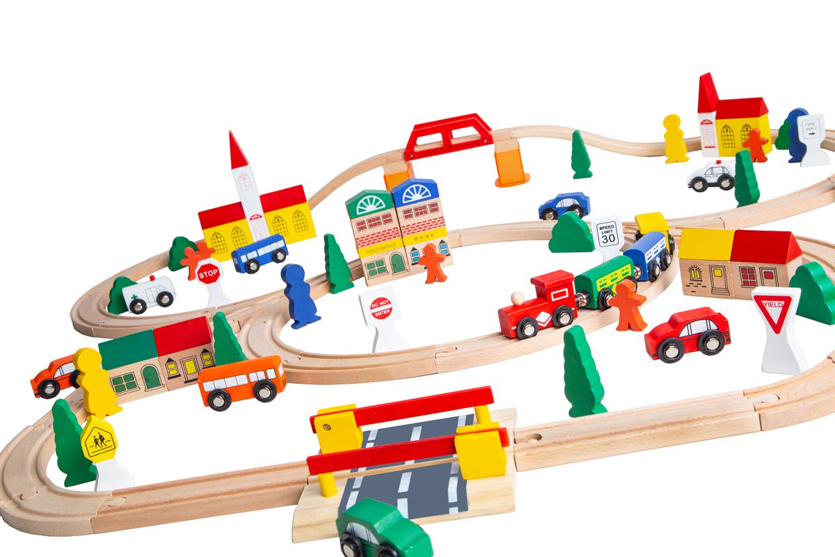 ORBRIUM Wooden Train Set 100 pcs Triple Loop Magnetic Trains with Wooden Tracks Compatible with Thomas The Tank Engine Brio Melissa for Toddler Kids Boys Girls Age 3+ STEM...