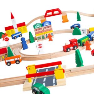 ORBRIUM Wooden Train Set 100 pcs Triple Loop Magnetic Trains with Wooden Tracks Compatible with Thomas The Tank Engine Brio Melissa for Toddler Kids Boys Girls Age 3+ STEM...