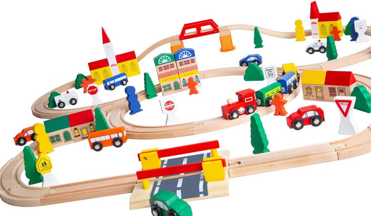 ORBRIUM Wooden Train Set 100 pcs Triple Loop Magnetic Trains with Wooden Tracks Compatible with Thomas The Tank Engine Brio Melissa for Toddler Kids Boys Girls Age 3+ STEM...