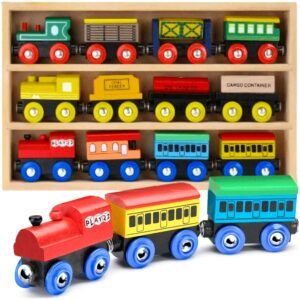 Play22 6006 Wooden 12 Pcs Magnetic Includes 3 Engines-Toy Train Sets for Kids Toddler Boys and Girls