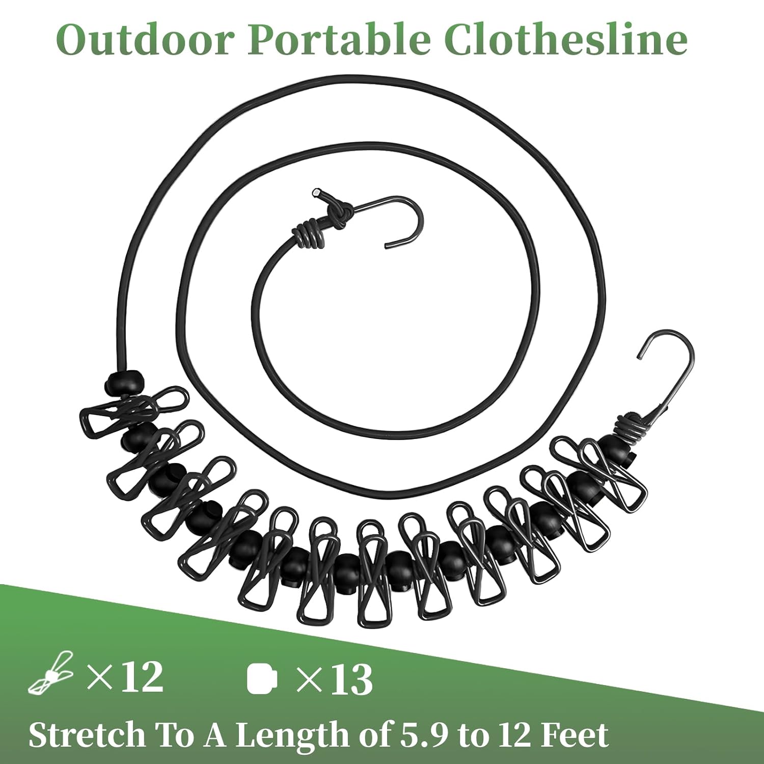 Portable Clothesline with 12 Clothespins, Windproof Travel Clothesline Stretchy Elastic for Indoor Laundry Drying line,Outdoor Camping Accessories,Dorm Room Essentials (Black)