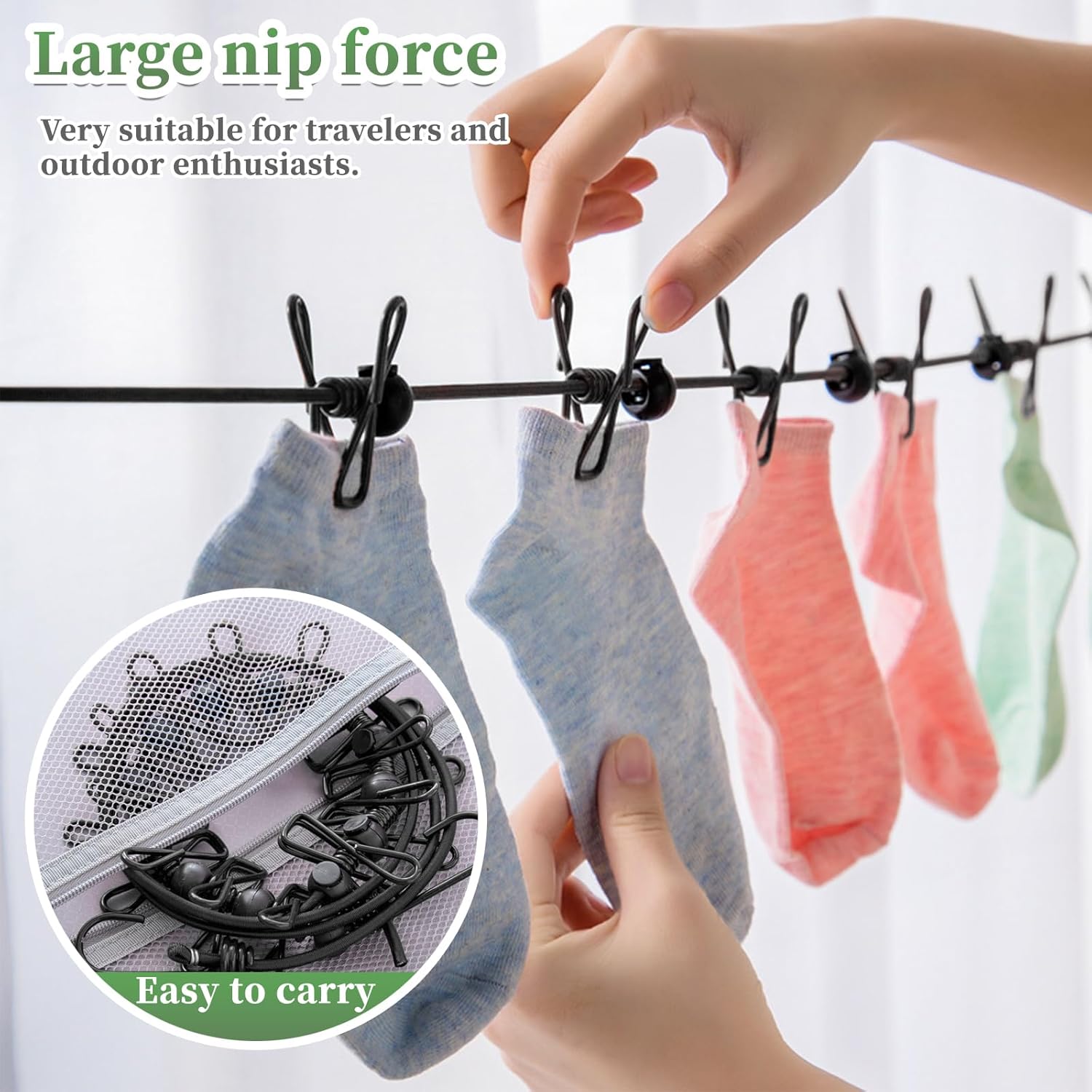 Portable Clothesline with 12 Clothespins, Windproof Travel Clothesline Stretchy Elastic for Indoor Laundry Drying line,Outdoor Camping Accessories,Dorm Room Essentials (Black)