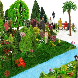 QuarenDen Model Scenery Kit, 47pcs, Painted Figures, Model Train Scenery, Miniature Trees, Tiny People, Grass Mat for Miniature Scene Landscape