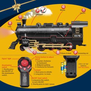 Remote Control Train Set Steam Locomotive, Cargo Car & Tracks, Electric Rechargeable Train Toys with 3 Smoke,Whistle & Lights, for Kids Ages 3 4 5 6 7 8+ Year Old