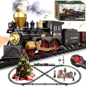 Train Set for Kids Remote Control Train Toys w/Steam Locomotive, Cargo Cars & Luxury Tracks, Electric Trains w/Realistic Smoke,Sounds & Lights, Christmas Birthday Gift for Boys...
