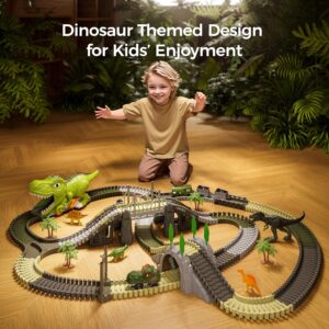 TUMAMA Dinosaur Toys Race Track, 281 Pcs Dinosaur Train Toys for Kids 3-5 5-7, Flexible Train Tracks with 4 Dinosaurs Figures, 2 Electric Race Cars with Light, Create A Dinosaur...