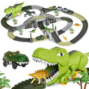 TUMAMA Dinosaur Toys Race Track, 281 Pcs Dinosaur Train Toys for Kids 3-5 5-7, Flexible Train Tracks with 4 Dinosaurs Figures, 2 Electric Race Cars with Light, Create A Dinosaur...