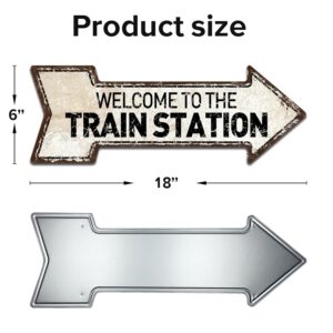 Welcome to the Train Station Sign, Vintage Decor Retro Signs Wall Art Tin Decorations Plaque City Railroad Train, Arrow Metal Tin Sign 6 x 18 inches Welcome to the Train Station Sign, Vintage Decor Retro Signs Wall Art Tin Decorations Plaque City Railroad Train, Arrow Metal Tin Sign 6 x 18 inches