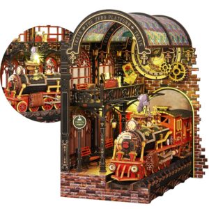 WIOR Book Nook Kit, DIY Scene Miniature House Kit with Sensor LED Lights 3D Wooden Puzzle Tiny Dollhouse Bookend for Adults, Magic Train Station Booknook Bookshelf Insert Decor...