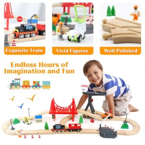 Wooden Train Set, 56-Piece Deluxe Kids Toy Train Set for 2 3 4 5 Year Old Boy, Cargo-Themed Train Track with Tower Crane & Suspension Bridge - Fits Thomas Brio Chuggington...