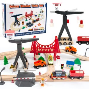 Wooden Train Set, 56-Piece Deluxe Kids Toy Train Set for 2 3 4 5 Year Old Boy, Cargo-Themed Train Track with Tower Crane & Suspension Bridge - Fits Thomas Brio Chuggington...