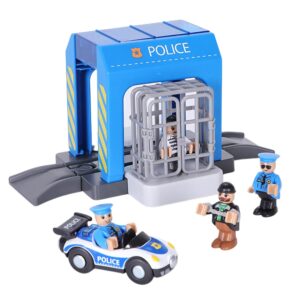 Wooden Train Set Accessories,Police Station Playset Compatible with Thomas & Brio Railway Tracks,Train Toys Expansion Pack for Boys Toddler Kids