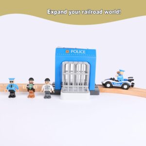 Wooden Train Set Accessories,Police Station Playset Compatible with Thomas & Brio Railway Tracks,Train Toys Expansion Pack for Boys Toddler Kids