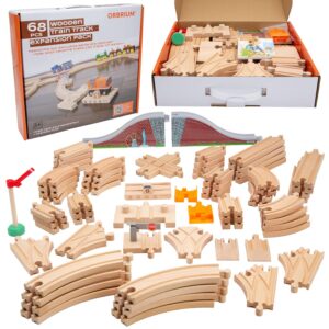 Wooden Train Tracks 68 Pcs Expansion Pack with Arched Bridge, Engine Barge, Dock, Stop & Go Checkpoint, Signal Pole, Cross Track – Compatible with Thomas, Brio Wooden Railways...