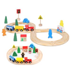 Wooden Train Tracks Toys for Toddler, 33 Pieces Magnetic Train with Wooden Tracks Fits for Thomas, Brio, Chuggington, Melissa and Doug, Rail Set Train Toy Gifts for 3 4 5 Years...