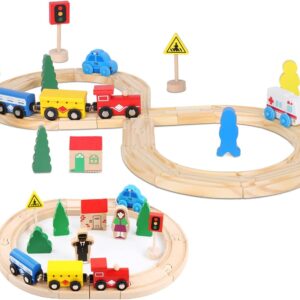 Wooden Train Tracks Toys for Toddler, 33 Pieces Magnetic Train with Wooden Tracks Fits for Thomas, Brio, Chuggington, Melissa and Doug, Rail Set Train Toy Gifts for 3 4 5 Years...