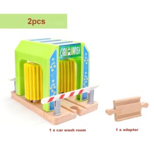 Wooden Train Washer for Train Tracks, Car Wash Station Playset Compatible with Thomas, Brio, Chuggington Wooden Toy Train Accessory for 3 4 5 Year Old Boys Toddlers