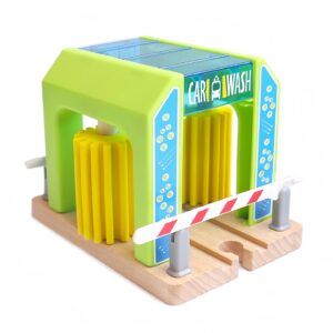 Wooden Train Washer for Train Tracks, Car Wash Station Playset Compatible with Thomas, Brio, Chuggington Wooden Toy Train Accessory for 3 4 5 Year Old Boys Toddlers