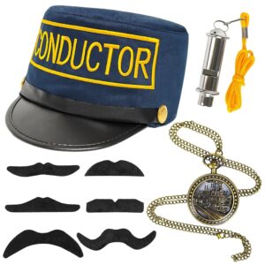 Yezmo Train Conductor Costume Accessories Express Costume Set Conductor Hat Train Whisle Pocket Watch Mustaches for Christmas